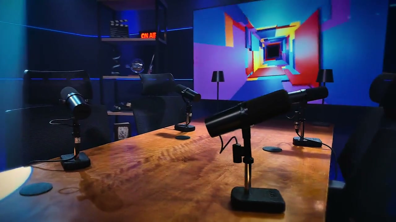 Bancada de podcast com microfones profissionais e painel ON AIR